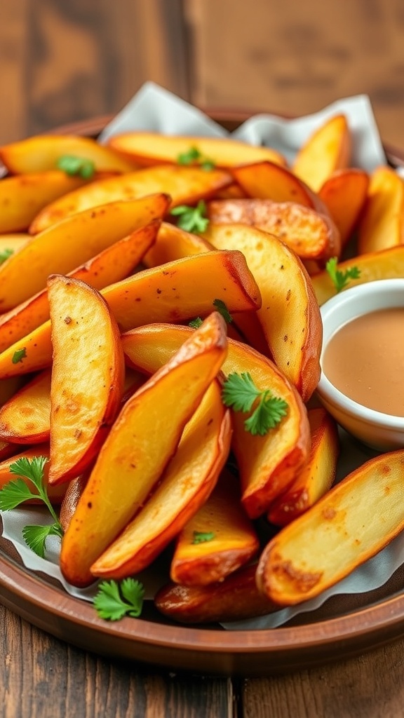 Crispy oven roasted potato wedges garnished with parsley on a wooden table.